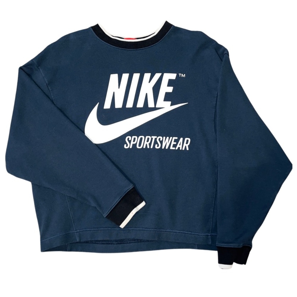 Blue, black, and white Nike Sportswear crew neck.